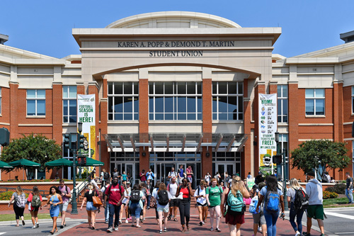 Students walking towards the Pop Martin Student Union at UNC Charlotte